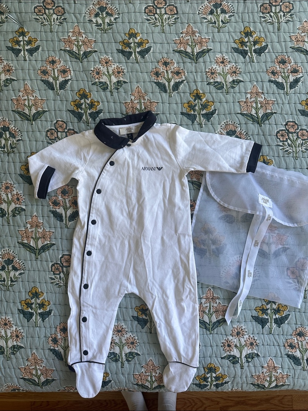 Giorgio Armani White Baby One-Piece with Navy Trim
